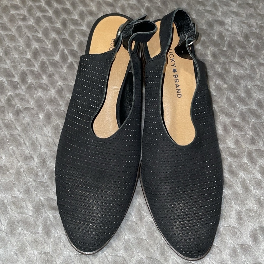 Lucky Brand Lideton Perforated Black Leather Slip On Mule. Size 9.5.‎